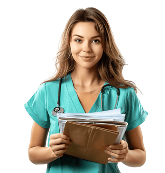 Nurse with documents in hands on isolated transparent background png