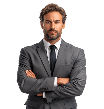 Businessman in black suit smiling towards camera on isolated transparent background png