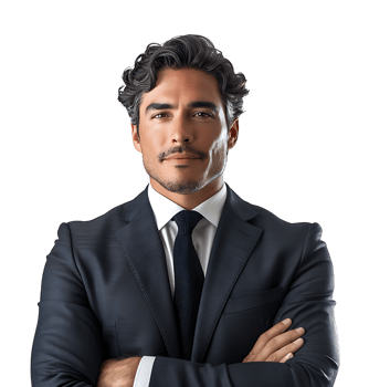 Businessman in black suit smiling towards camera on isolated transparent background png