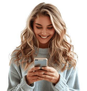 Smiling young woman using smart phone on isolated transparent background png