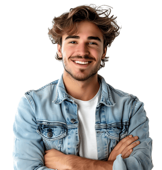young man in denim jacket smiling looking at camera on isolated transparent background png