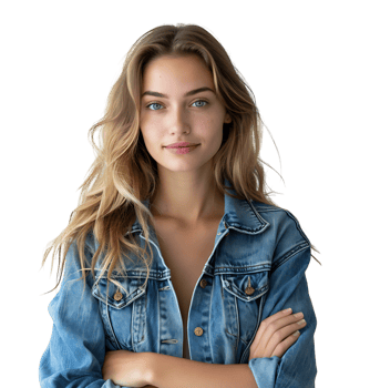 young woman in denim jacket smiling looking at camera on isolated transparent background png