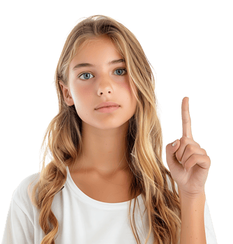 Girl raises finger up Attention please on isolated transparent background png