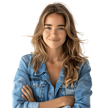 young woman in denim jacket smiling looking at camera on isolated transparent background png