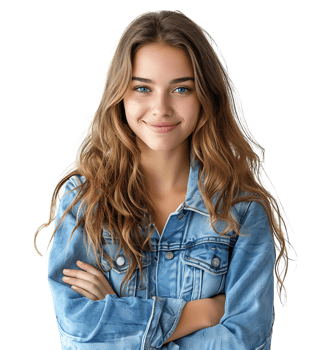 young woman in denim jacket smiling looking at camera on isolated transparent background png