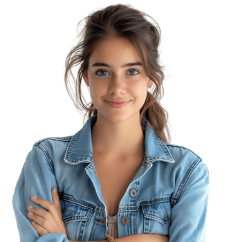 young woman in denim jacket smiling looking at camera on isolated transparent background png