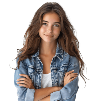 young woman in denim jacket smiling looking at camera on isolated transparent background png