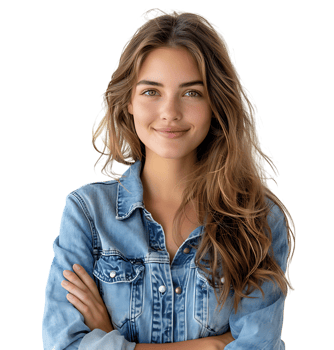 young woman in denim jacket smiling looking at camera on isolated transparent background png