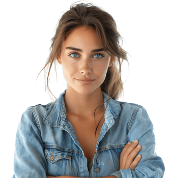 young woman in denim jacket smiling looking at camera on isolated transparent background png