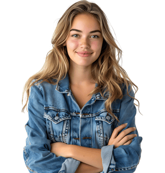 young woman in denim jacket smiling looking at camera on isolated transparent background png