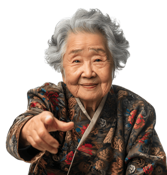 Old korean woman smiling and gesturing on isolated transparent background png