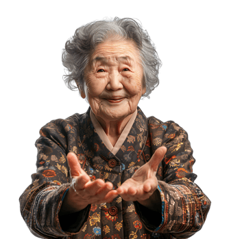 Old korean woman smiling and gesturing on isolated transparent background png