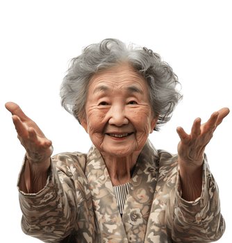 Old korean woman smiling and gesturing on isolated transparent background png