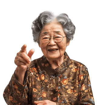 Old korean woman smiling and gesturing on isolated transparent background png
