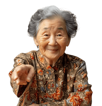 Old korean woman smiling and gesturing on isolated transparent background png