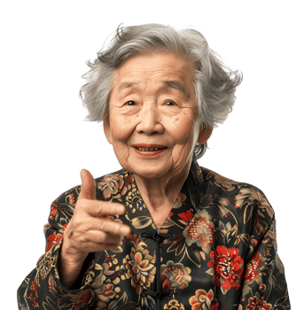 Old korean woman smiling and gesturing on isolated transparent background png