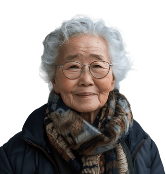 Old korean woman smiling and gesturing on isolated transparent background png