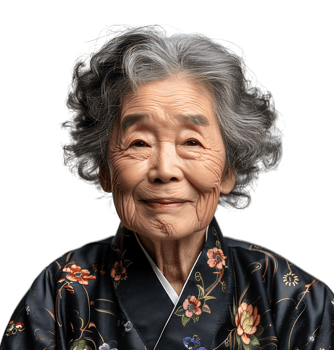 Old korean woman smiling and gesturing on isolated transparent background png