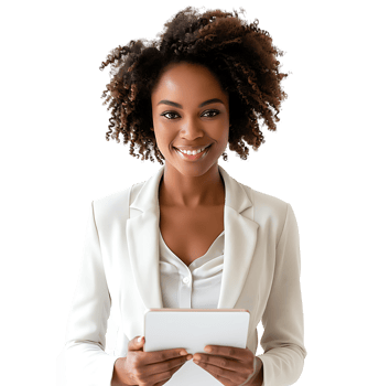 Smiling businesswoman using a digital tablet on isolated transparent background png