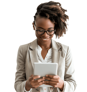 Smiling businesswoman using a digital tablet on isolated transparent background png