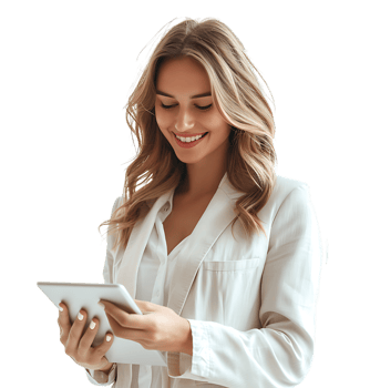 Smiling businesswoman using a digital tablet on isolated transparent background png