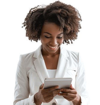 Smiling businesswoman using a digital tablet on isolated transparent background png
