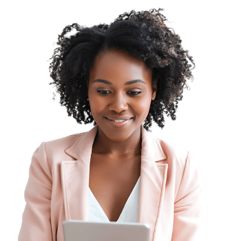 Smiling businesswoman using a digital tablet on isolated transparent background png