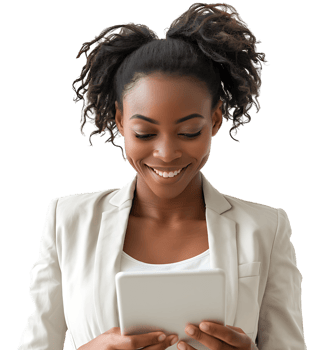 Smiling businesswoman using a digital tablet on isolated transparent background png
