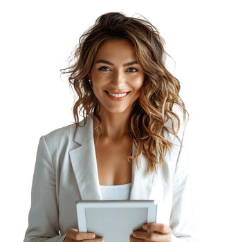 Smiling businesswoman using a digital tablet on isolated transparent background png
