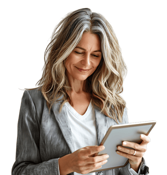 Smiling businesswoman using a digital tablet on isolated transparent background png