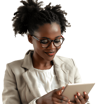 Smiling businesswoman using a digital tablet on isolated transparent background png