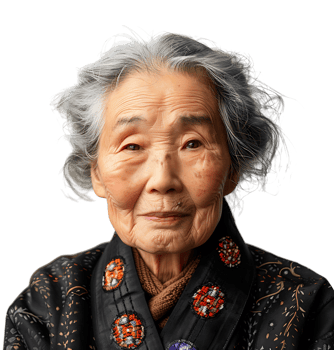 Old korean woman smiling and gesturing on isolated transparent background png
