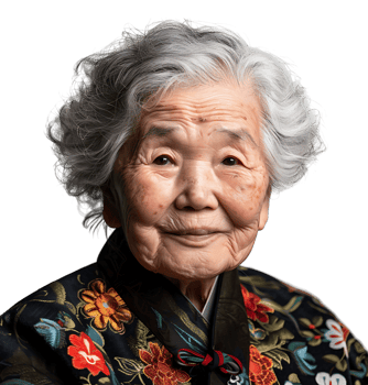 Old korean woman smiling and gesturing on isolated transparent background png