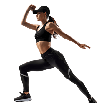 A fitness instructor in workout gear, mid-pose, isolated on a transparent background png
