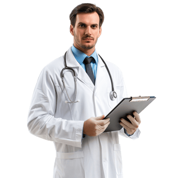 A doctor in a white coat, holding a clipboard and ready to assist, standing isolated on a transparent background png