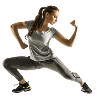 A fitness instructor in workout gear, mid-pose, isolated on a transparent background png