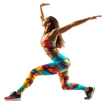 A fitness instructor in workout gear, mid-pose, isolated on a transparent background png
