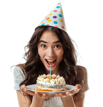 Girl with birthday hat, holding cake on plate with two hands, making wish on isolated transparent background png