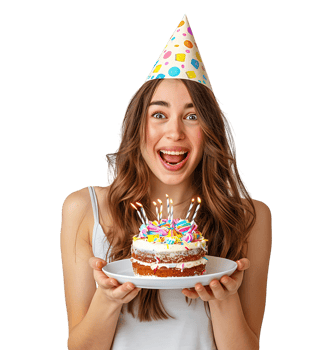 Girl with birthday hat, holding cake on plate with two hands, making wish on isolated transparent background png