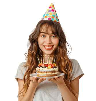 Girl with birthday hat, holding cake on plate with two hands, making wish on isolated transparent background png