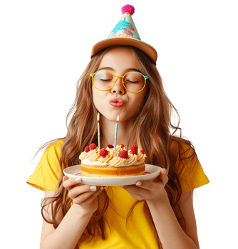 Girl with birthday hat, holding cake on plate with two hands, making wish on isolated transparent background png
