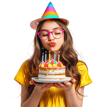 Girl with birthday hat, holding cake on plate with two hands, making wish on isolated transparent background png