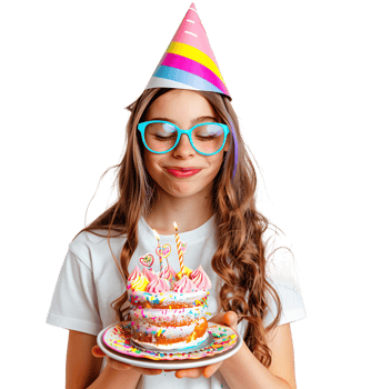 Girl with birthday hat, holding cake on plate with two hands, making wish on isolated transparent background png