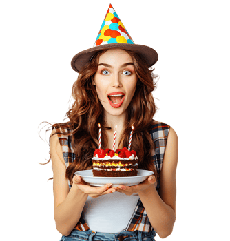 Girl with birthday hat, holding cake on plate with two hands, making wish on isolated transparent background png