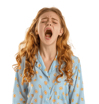 portrait of teenage girl in pyjama shirt and yawning on isolated transparent background png