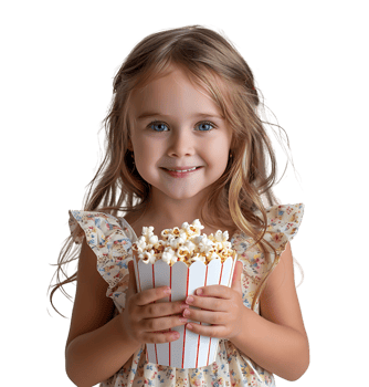 blonde girl holding bucket of popcorn on isolated transparent background png