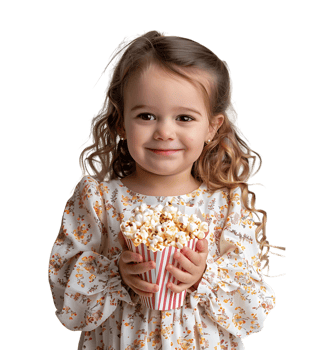 blonde girl holding bucket of popcorn on isolated transparent background png