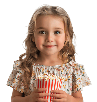 blonde girl holding bucket of popcorn on isolated transparent background png