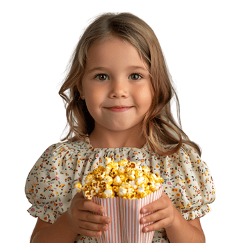blonde girl holding bucket of popcorn on isolated transparent background png