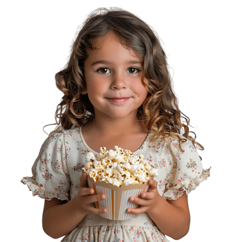 blonde girl holding bucket of popcorn on isolated transparent background png